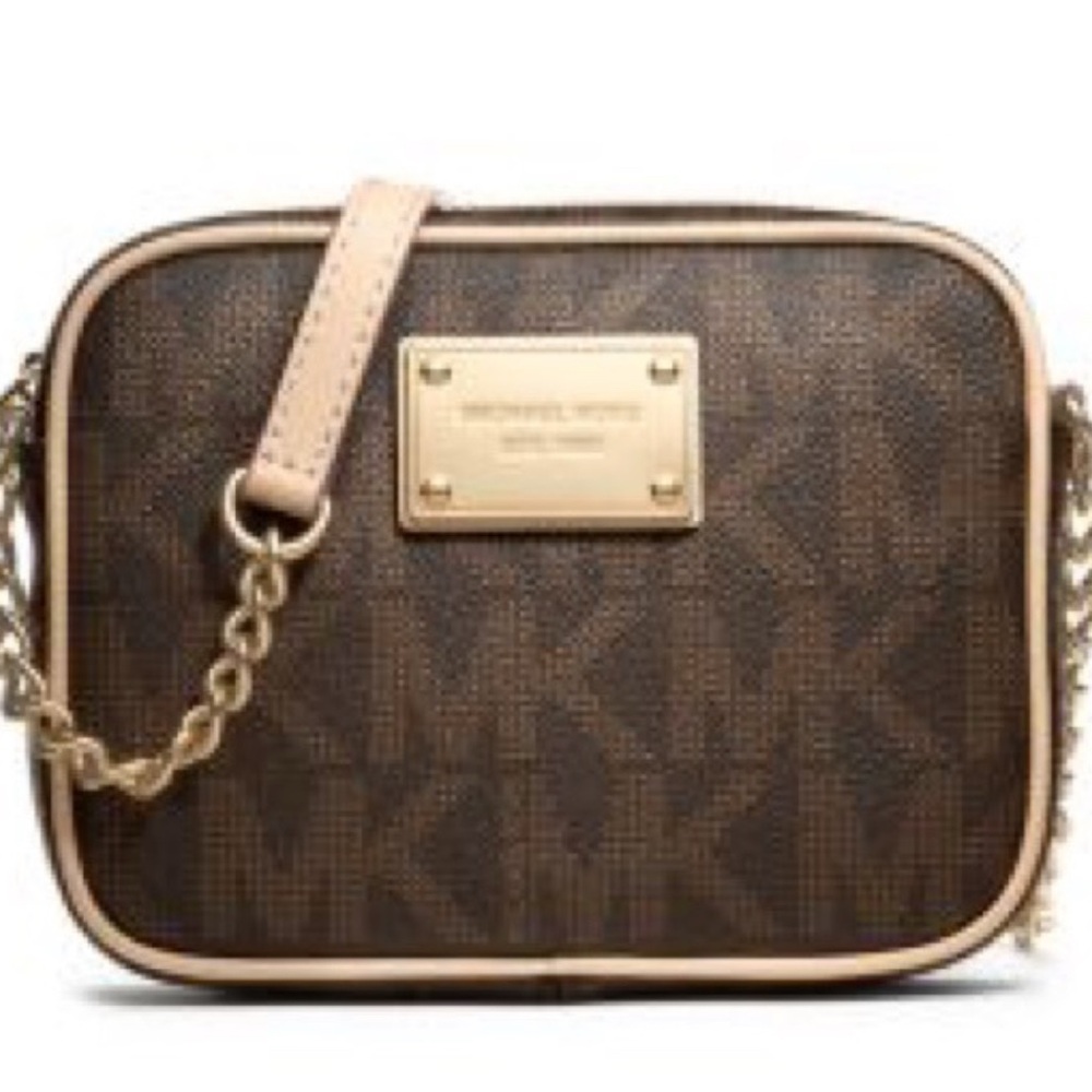 MICHAEL KORS Small Jet Set Crossbody Bag Purse BROWN SIGNATURE LOGO Gold Chain
